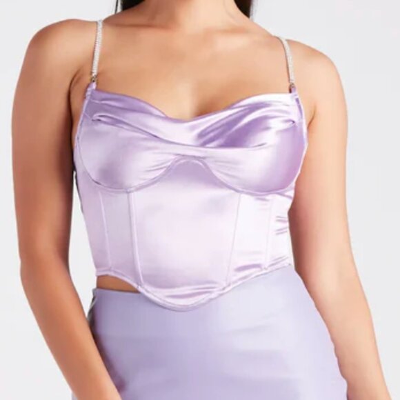 Windsor Tops - Purple/Lavender Satin Corset Crop Top with Jeweled Chain Straps